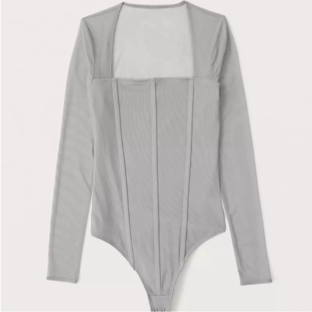 Abercrombie & Fitch Light Gray Long Sleeve Corset Mesh Bodysuit